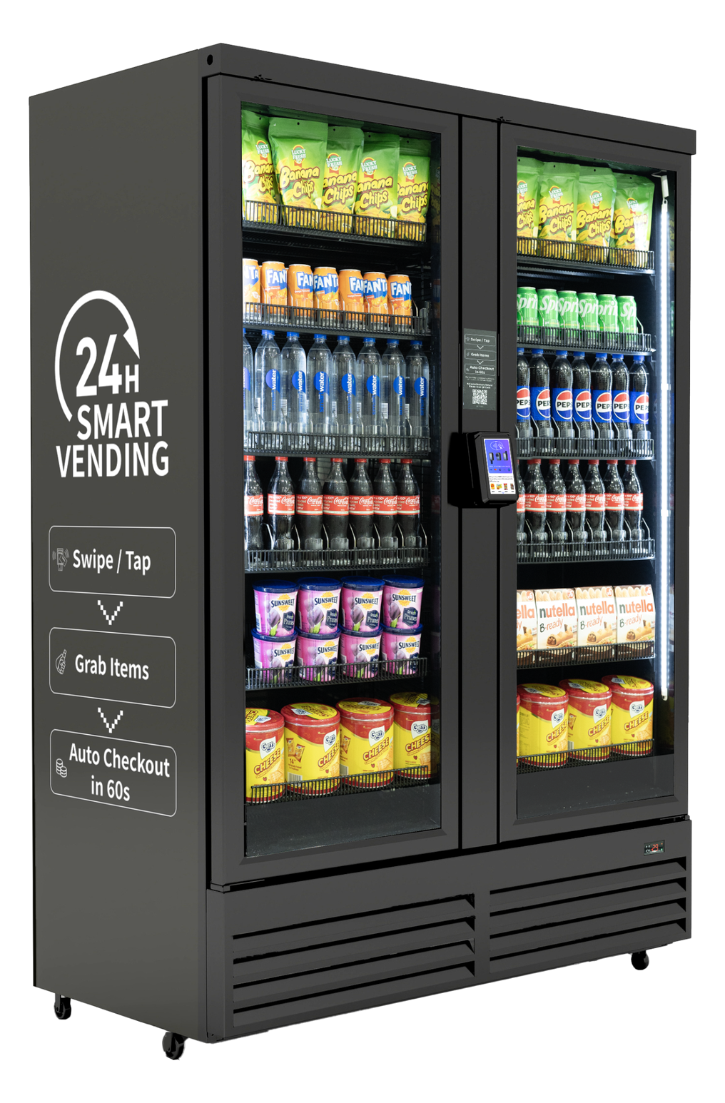 Angled view of the real HaHa smart cooler GoVend installs, glass doors stocked with snacks and drinks