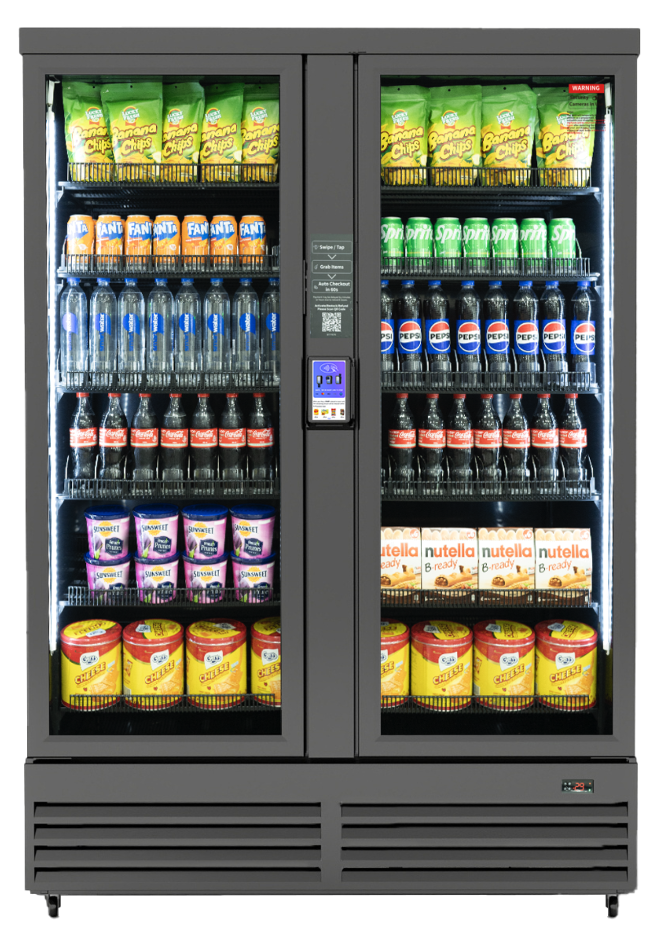 A real HaHa smart double-door cooler, stocked with drinks and snacks